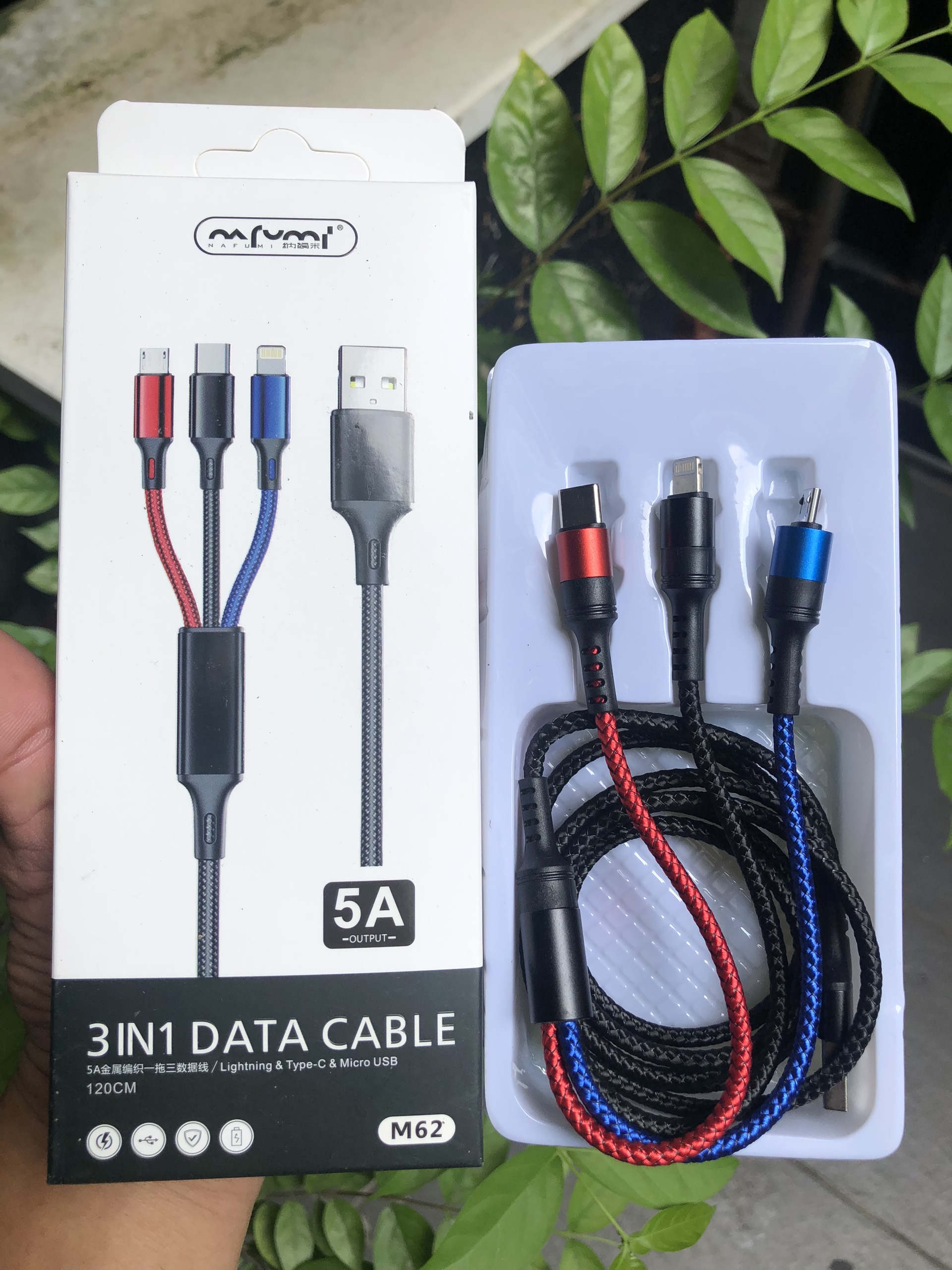 Cáp sạc nhanh 3 đầu 5A đa năng M62 (USB to Type C/ Lightning/ Micro - Bọc dù siêu bền)