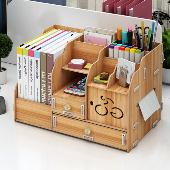 Kệ sách gỗ để bàn đựng bút đựng khăn giấy có 2 ngăn kéo VP03 - Vân Gỗ Đậm