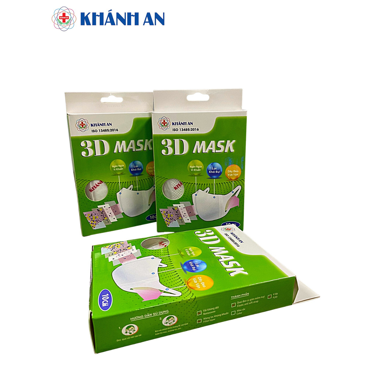 Khẩu trang y tế 4 lớp 3d mask khánh an ngăn ngừa vi khuẩn lọc khói bụi dây đeo vải siêu vừa vặn, không bí thở hộp 10 cái