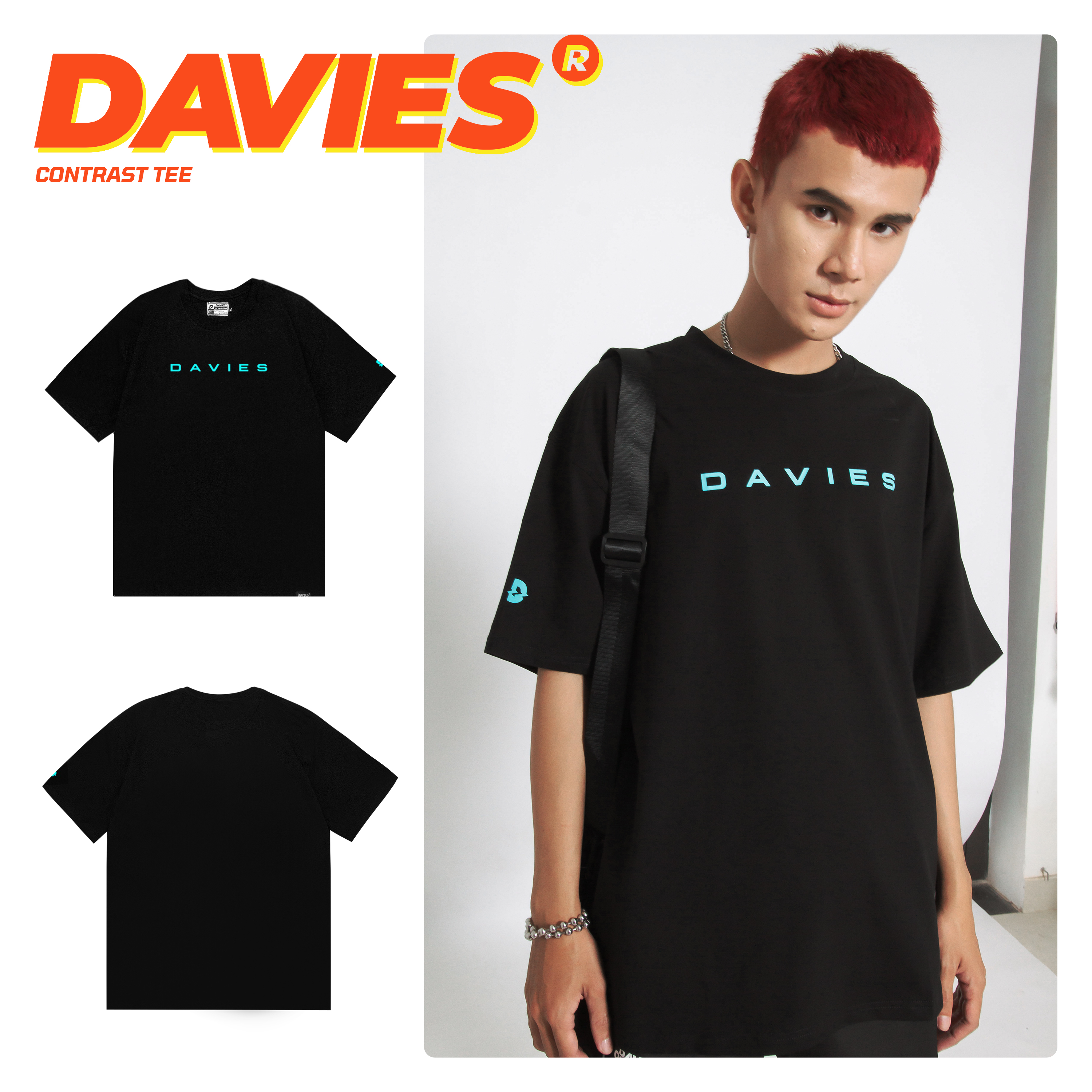 Áo thun nam form rộng tay lỡ màu đen - Áo thun local brand Davies Contrast-Black