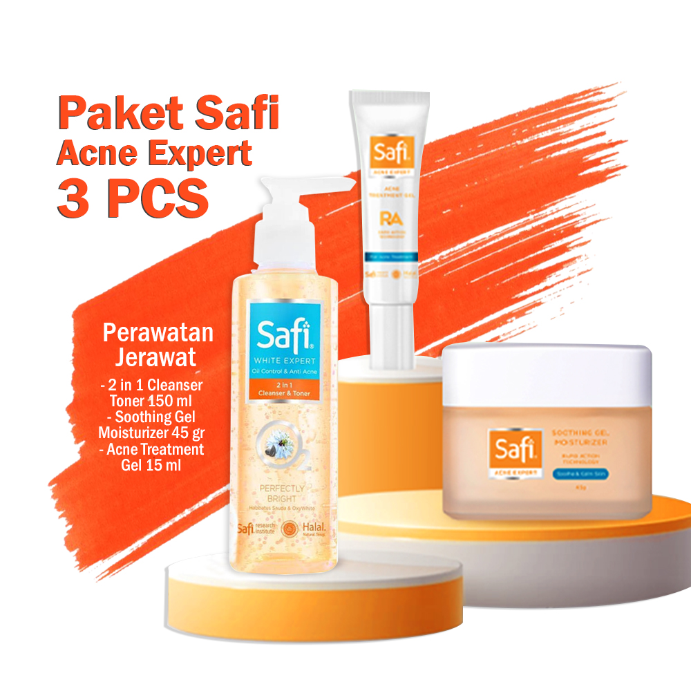 Paket Safi Acne Expert 3 pcs Perawatan Jerawat (2in1 Cleanser Toner 150 ml, Spot Treatment 15 gr, Gel Moisturizer 45 gr)