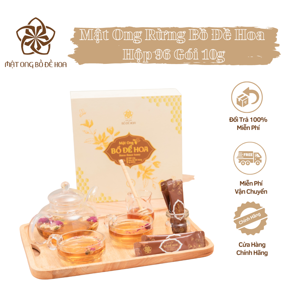 Mật ong nguyên chất - mật ong rừng bồ đề hoa nguyên chất chính hãng hộp 96 gói x 10g