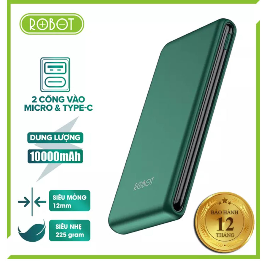 [Bảo Hành 12 Tháng] Pin Sạc Dự Phòng ROBOT RT180 10000mAh Thiết Kế Nhỏ Gọn 1 Cổng USB Và 1 Cổng Micro/Type-C - Hàng Chính Hãng