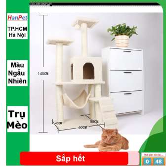HCM -Trụ mèo leo trèo cỡ lớn 1,4m - 3 trụ có bậc thang (màu ngẫu nhiên) KT 1400cmx60cmx40cm -cat tree / cats tree