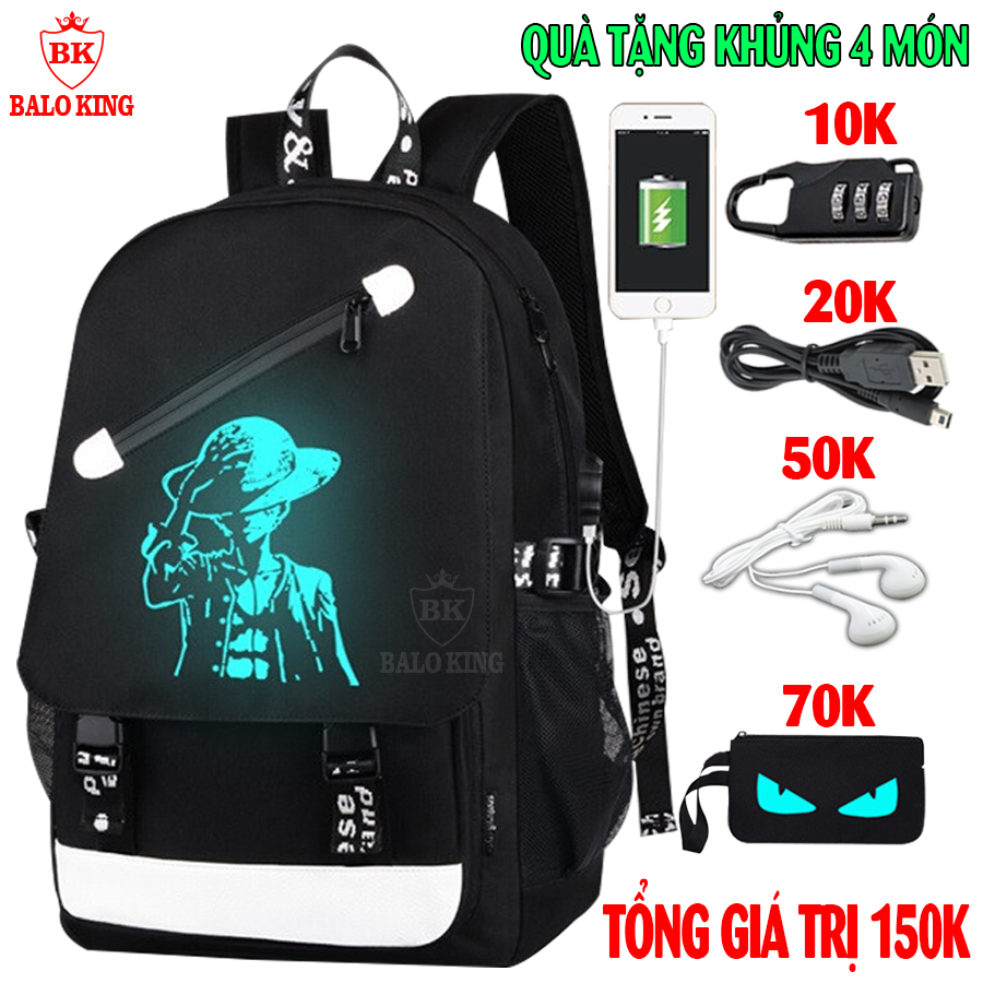 Balo nam nữ đi học thời trang dạ quang phát sáng Baloking hình Luffy cá tính - Chất liệu cao cấp - Có sạc USB + TẶNG (Cáp sạc USB xịn+Khóa số thông minh+Tai nghe+Ví) - Cặp học sinh HOT trend 2022