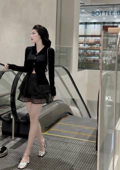 set chân váy voan xòe mix áo len tăm lạnh đính nút kiểu , sét áo len tăm đính nút kèm chân váy xòe 2 tầng  thời trang