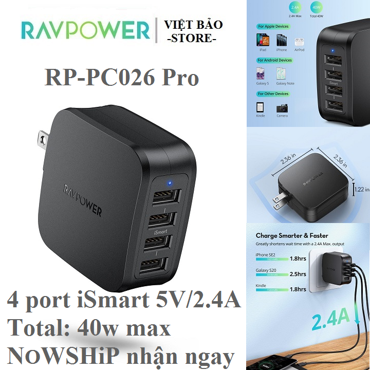 Sạc tường ravpower rp-pc026 pro, 4 cổng usb-a chân gập công suất tổng tối đa 40w