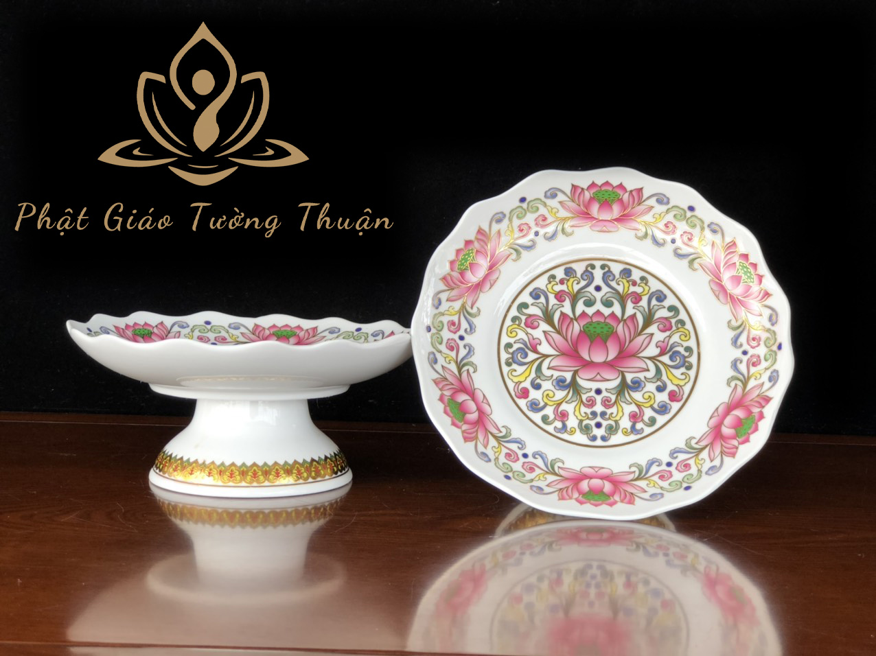 Bộ Thờ Cúng Dĩa 2018 Họa Tiết Hoa Văn Sen Hồng Bằng Sứ Cao Cấp - Phật Giáo Tường Thuận