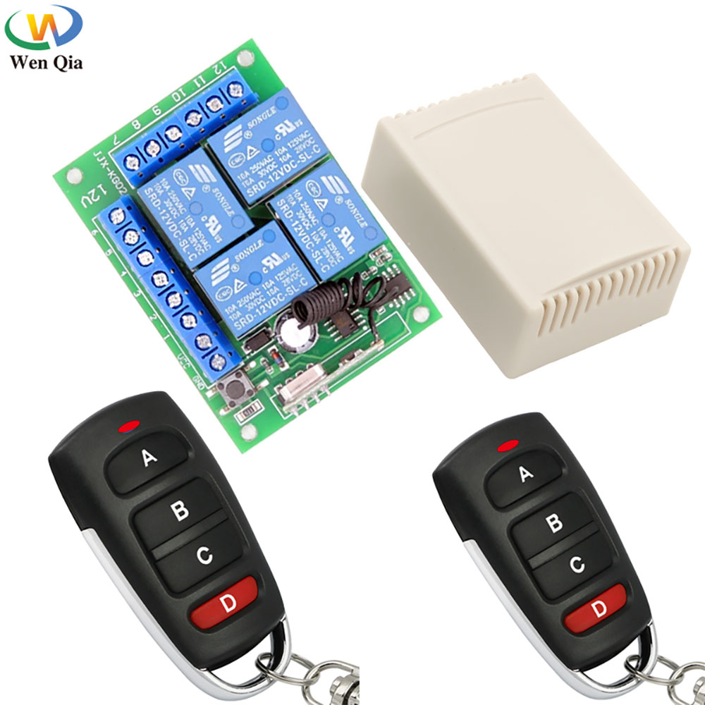 Wenqia bộ thu công tắc điều khiển từ xa không dây dc 12v 4ch relay 10a với 2 bộ phát cho động cơ/cổng/đèn/led rf 433mhz