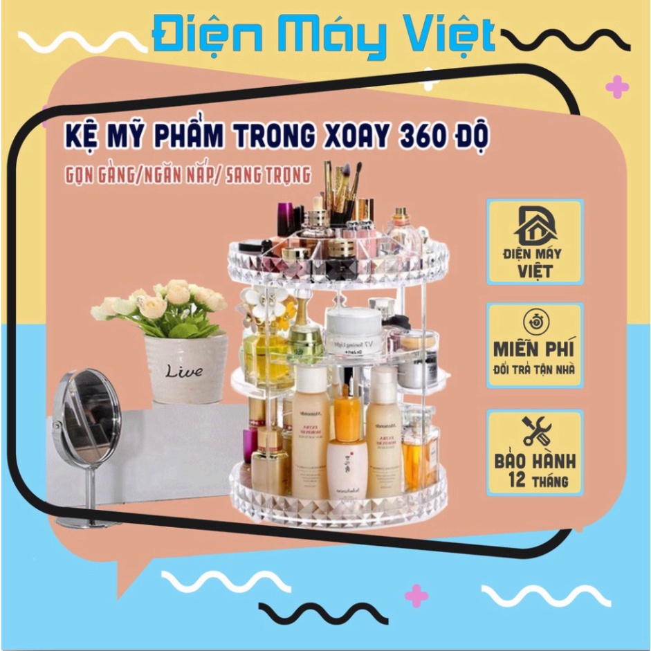 Kệ mỹ phẩm xoay 360 độ cao cấp, kệ đựng mỹ phẩm vân kim cương siêu đẹp