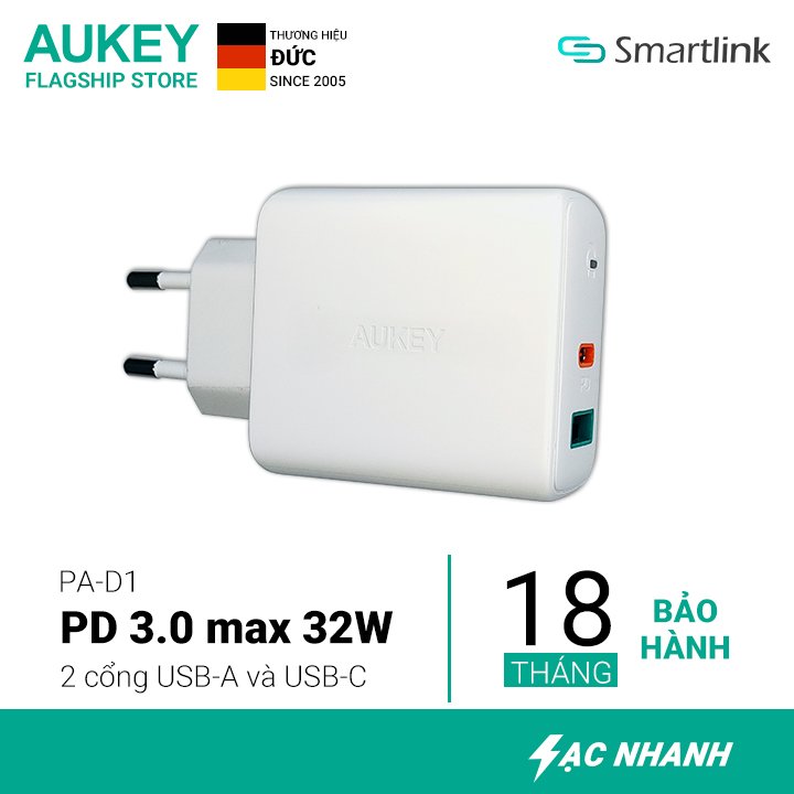 Củ sạc nhanh 2 cổng aukey pa-d1 32w chuẩn pd - chính hãng - bảo hành 18 tháng