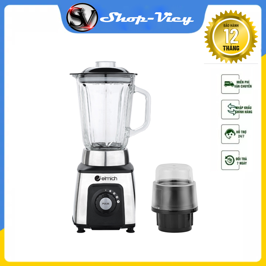 Máy xay sinh tố cối thủy tinh elmich ble-1846 dung tích 1.5l, công suất 500w 3 tốc độ xay 1 chế độ nhồi giúp xay mịn nhuyễn, cối phụ có thể xay ngũ cốc, cối xay thực phẩm bảo hành 12 tháng