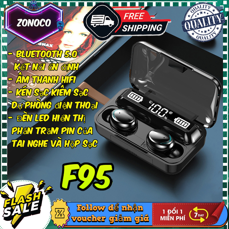 Tai nghe bluetooth F95, tai nghe không dây bluetooth 5.0, tai nghe nút điều khiển cảm ứng, kén sạc dung lượng 3500 mah kiêm sạc dự phòng, tai nghe chống nước IPX7, âm thanh 8D, chống ồn dùng cho mọi hệ điều hành