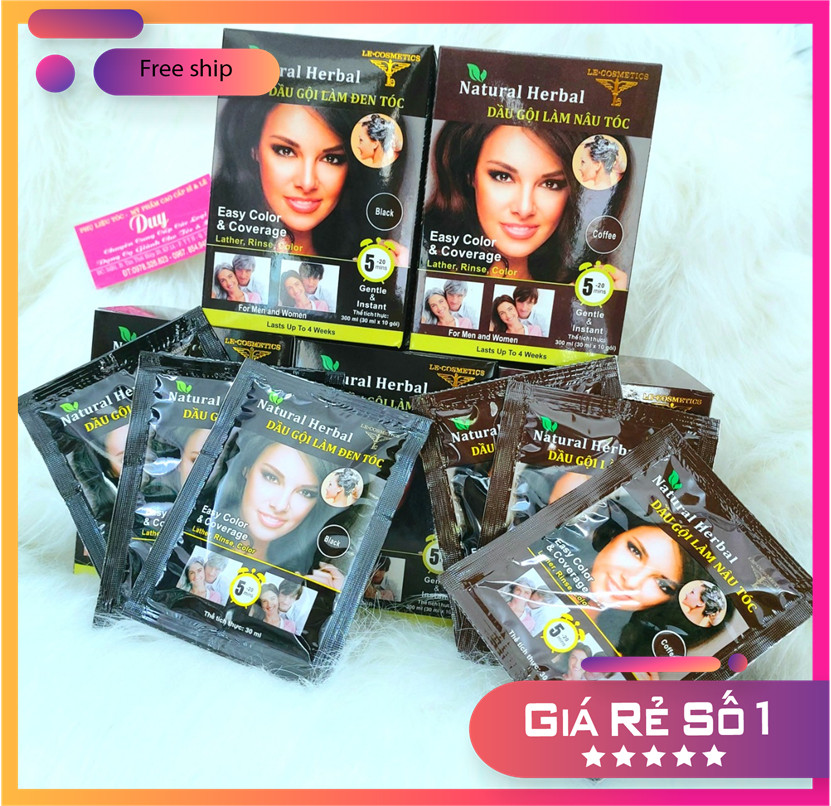  Dầu Gội Nhuộm Tóc - Thuốc Nhuộm Thảo Dược Natural Herbal - Phủ Bạc 100% - Không Rát Da Đầu Màu Nâu & Đen 1 Hộp 10 Gói. 
