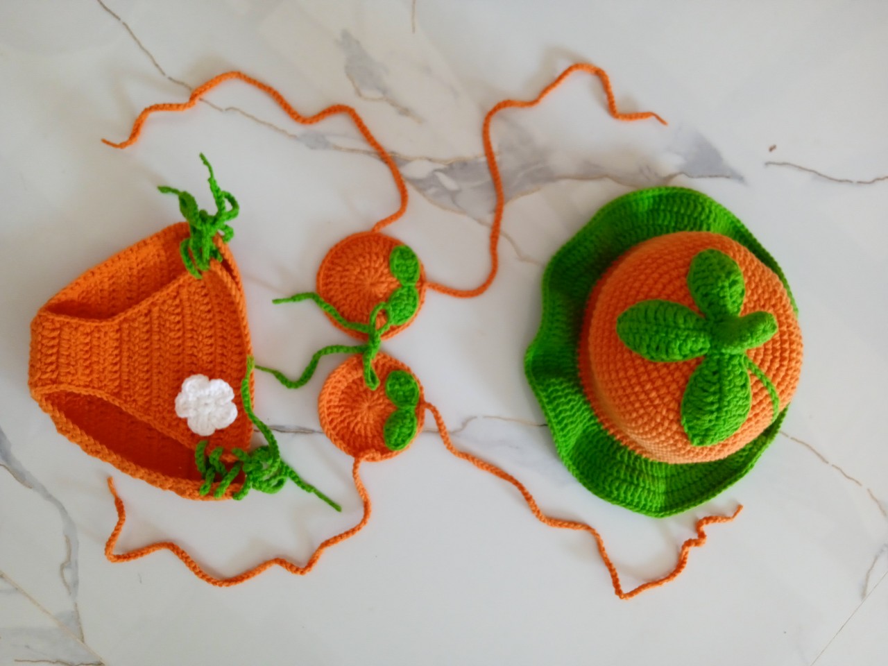 set len handmade quả cam cho bé BKN04, bikini đi biển cho bé, đồ bơi đi biển cho bé