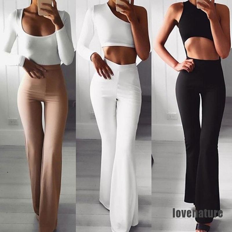 READY STOCK Women Flared Long Pants Stretch Bell Bottom Large Sizes Casual  Wide Leg Pant
