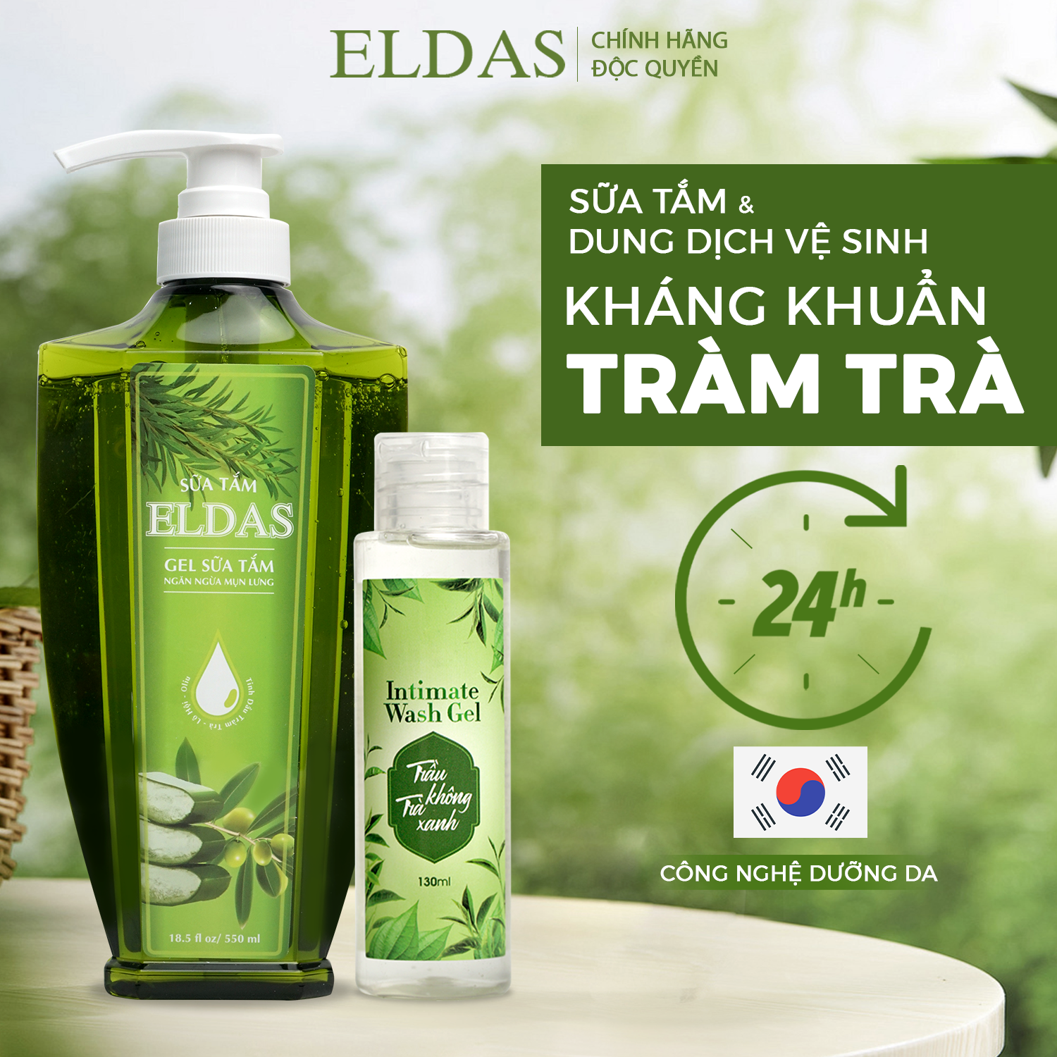 Combo Sữa tắm ngừa mụn lưng Eldas tinh chất TRÀM TRÀ KHỔ QUA diệt khuẩn ELDAS 550ml & Dung dịch vệ sinh phụ nữ TRÀ XANH TRẦU KHÔNG kháng viêm BERGAMI 130ml