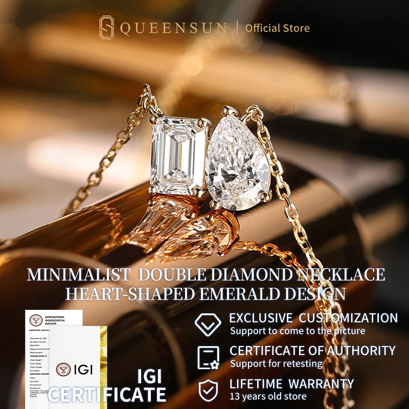 Queensun  18K Gold Pear Water Drop Emerald Twin Stone lab diamond Necklace 1.05 Carat DE VS Temperament necklace High-End  Clavicle Chain Female pendant necklace双石钻石项链lab  grown diamond necklace/ for women jewelry gift/Custom necklace/gold chain necklace