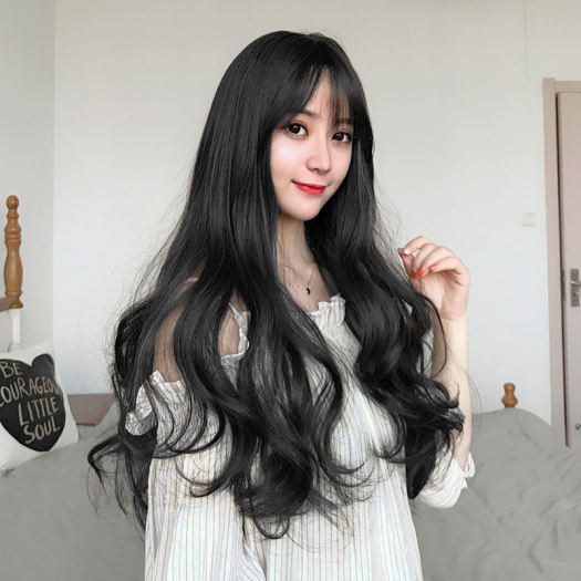 Tóc Giả Màu Đen 68Cm Cho Nữ Lọn Tóc Xoăn Dài Cho Nữ Tóc Mái Mỏng Bộ Tóc Giả Kiểu Tóc Thật Đầy Đủ Mũ Lông Mịn Châu Âu Mỹ