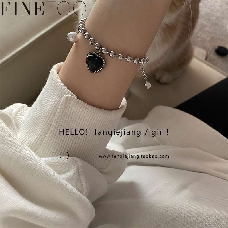 FINE TOO Cool Vòng Tay Hình Trái Tim Punk Màu Đen Vòng Tay Ngọc Trai Phong Cách Hàn Quốc Đơn Giản Trang Sức Nữ Phụ Kiện Thời Trang