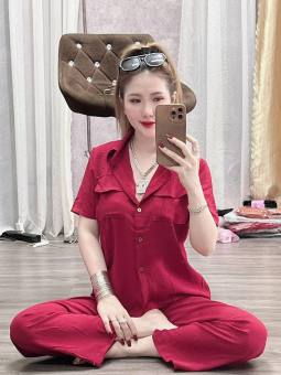 Đồ bộ dài nữ chất vải đũi cao cấp, áo sơ mi nữ tay ngắn cài nút, quần ống rộng nữ, quần ống suông, set bộ dài nữ màu trơn đơn giản