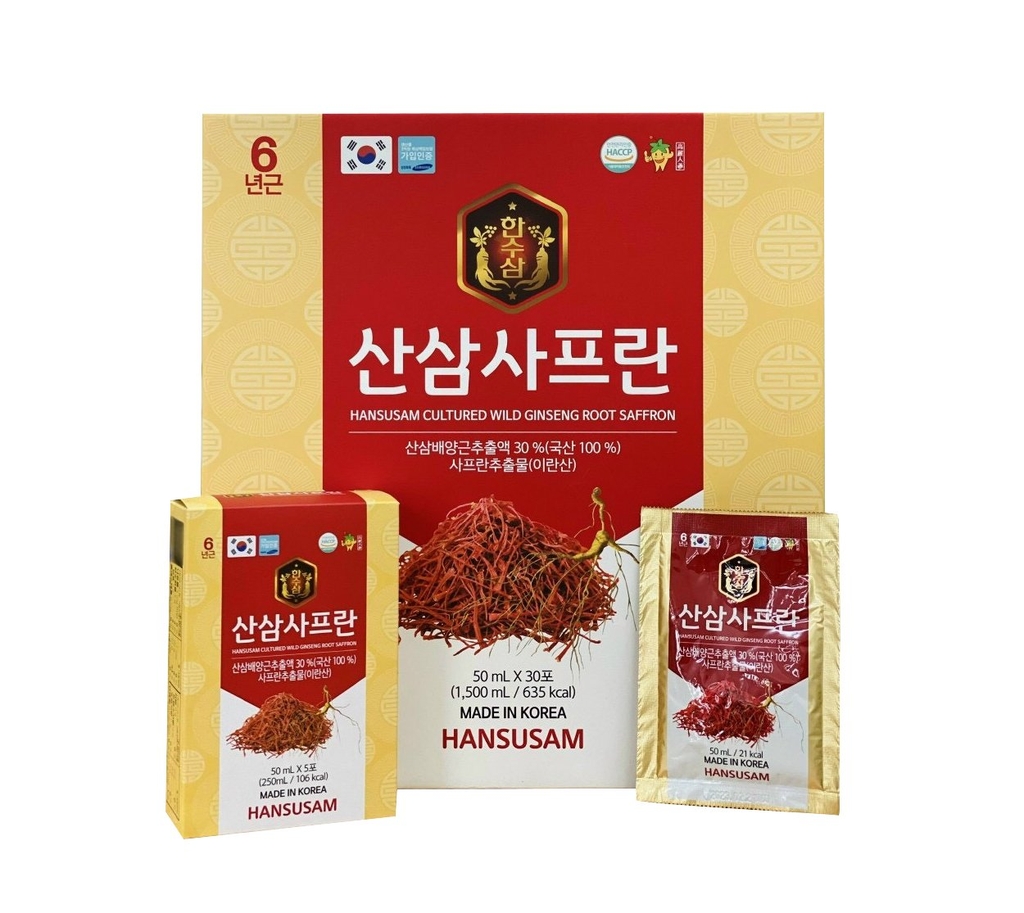 Nước Chiết Xuất Hồng Sâm Núi Nhụy Hoa Nghệ Tây Saffron Hansusam -  Hộp 30 Gói x 50ml