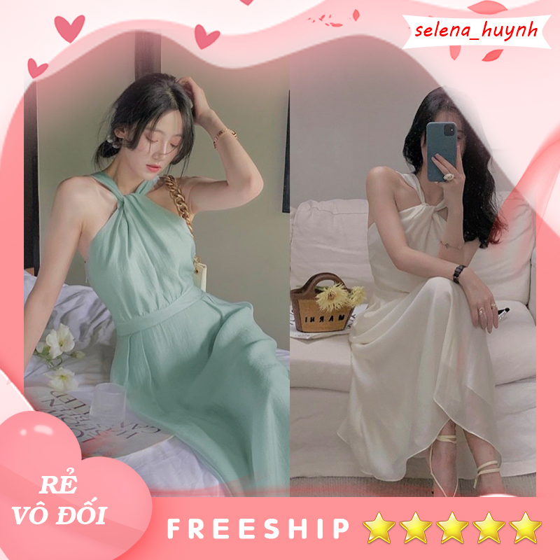 Đầm midi cổ yếm dây chéo sẵn lót ngực màu xanh, trắng, hồng SELENA122