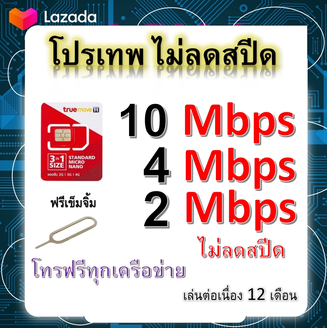 ซิมโปรเทพ 10-4-2 Mbps ไม่ลดสปีด เล่นไม่อั้น โทรฟรีทุกเครือข่ายได้ แถมฟรีเข็มจิ้มซิม ราคา 29 บาท*ส่งฟรี