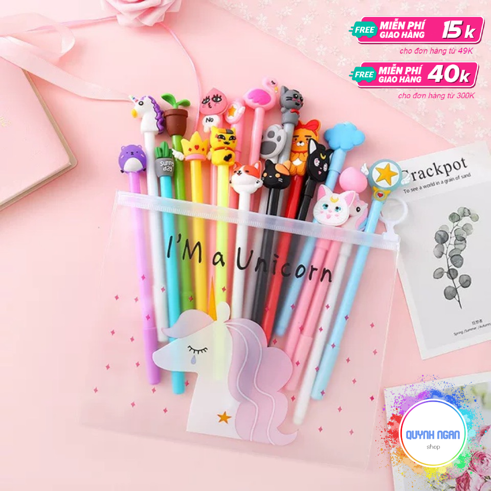 Set 20 bút bi nước cute nhiều màu nhiều mẫu dễ thương kèm túi zip
