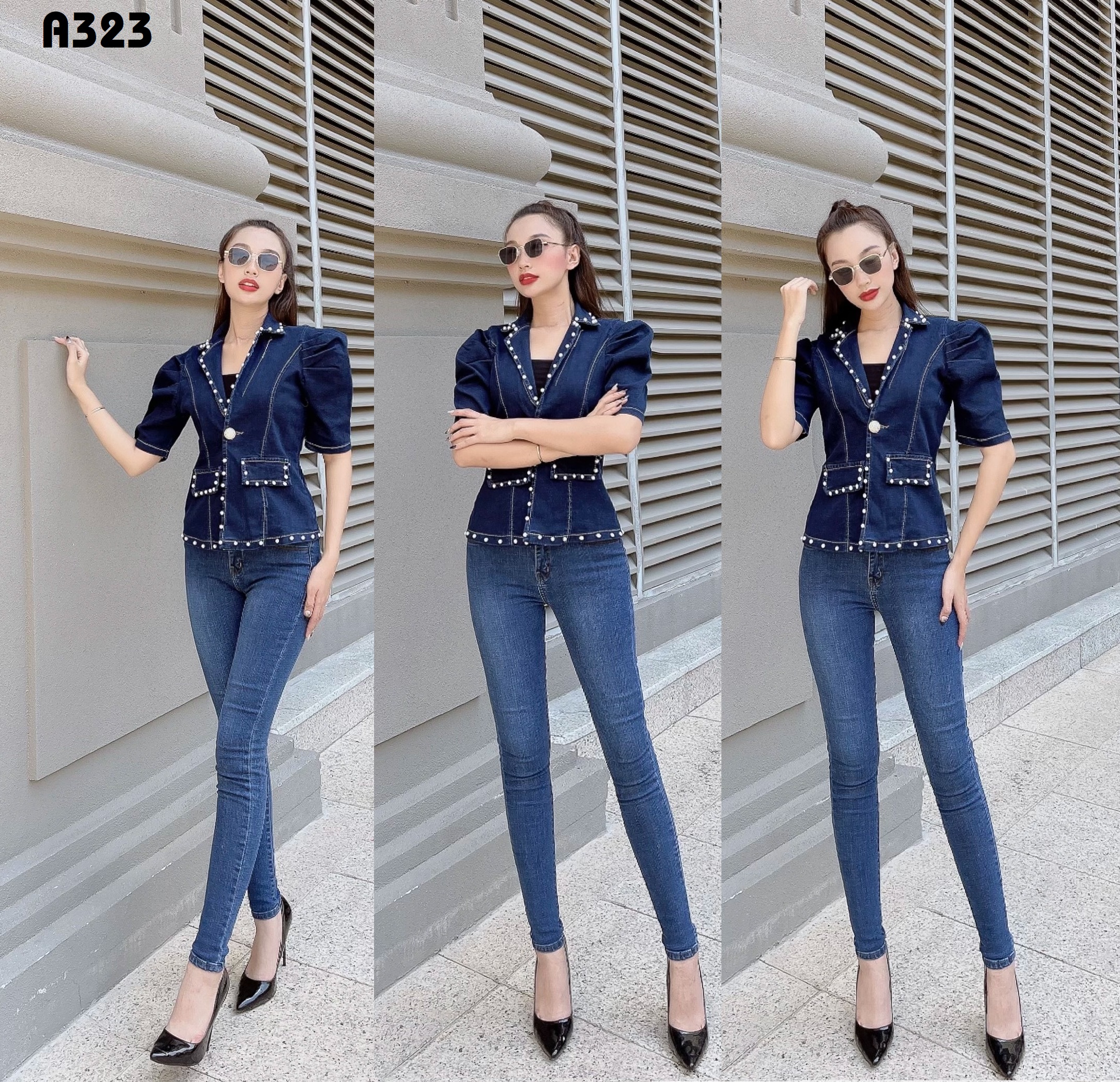 Áo khoác jean đính ngọc 2 túi giả màu xanh đen A323