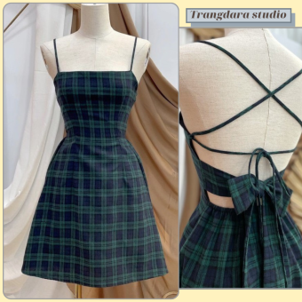 Đầm dáng xòe caro  2 dây hở lưng - váy caro 2 dây đan lung siêu xinh