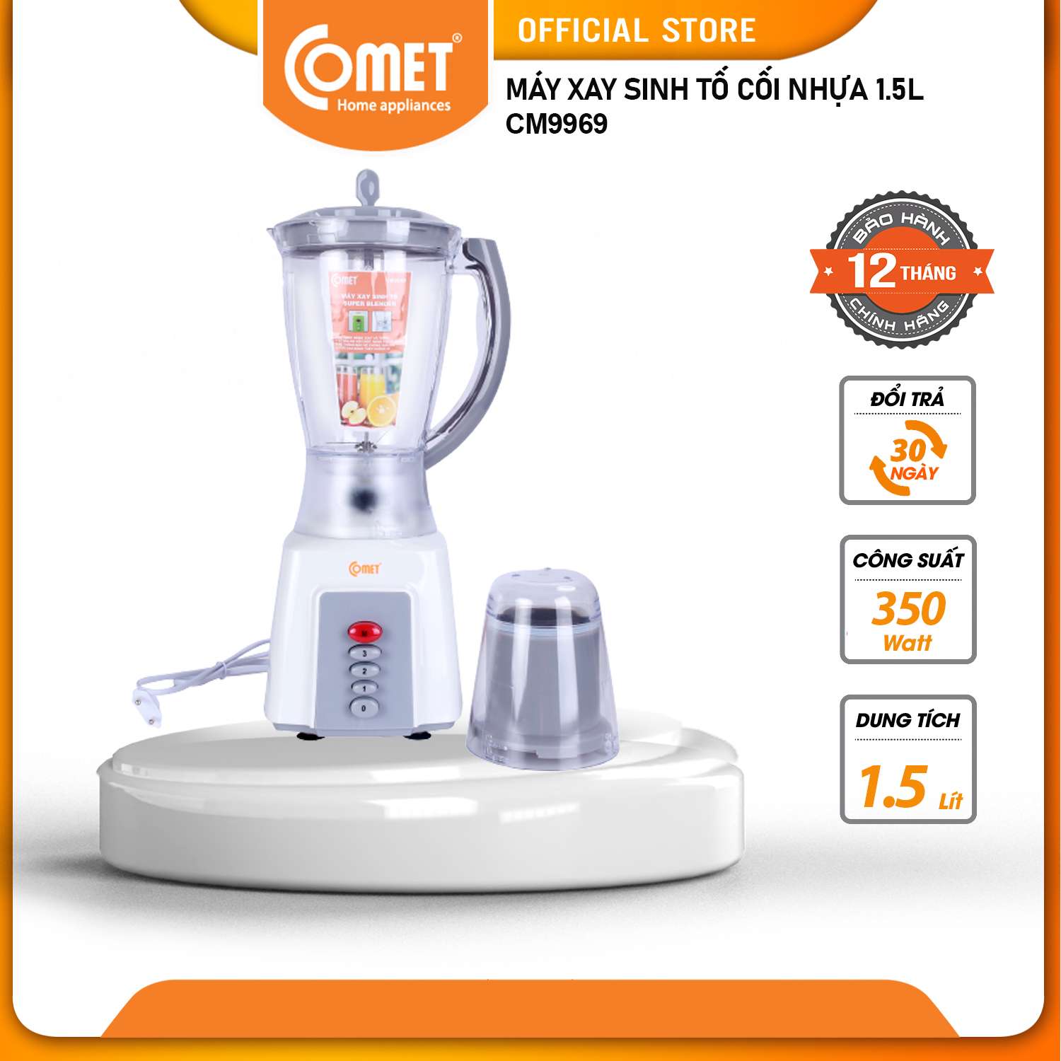 Máy Xay Sinh Tố 2 cối Comet CM9969 - Dung tích 1.5 Lít - Công suất 350W - Bảo hành 12 tháng - Hàng Chính Hãng