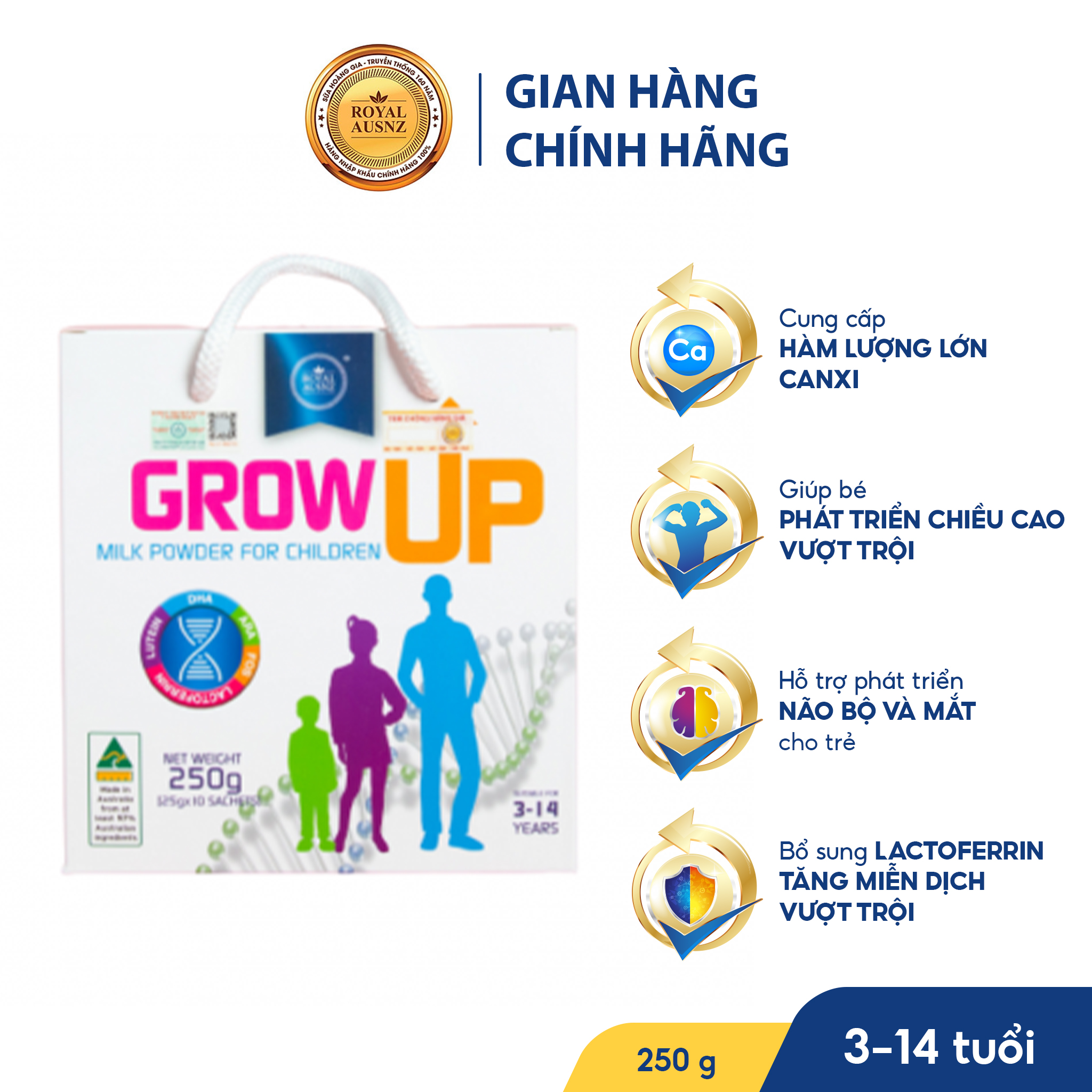 Hộp 10 Gói Sữa Tăng Chiều Cao Cho Bé - Sữa ROYAL AUSNZ Grow Up Milk Powder Hỗ Trợ Phát Triển Chiều Cao Cho Trẻ Từ 3-14 Tuổi