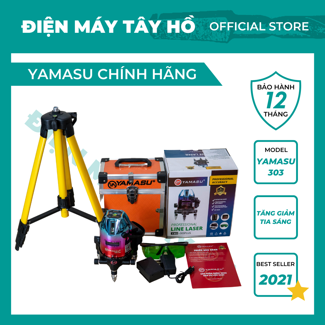 (VIDEO máy) Máy cân bằng laser 5 tia xanh Yamasu 303 tia nét, điều chỉnh tia sáng tối .Bảo Hành 12 tháng, kèm chân máy 1,2M