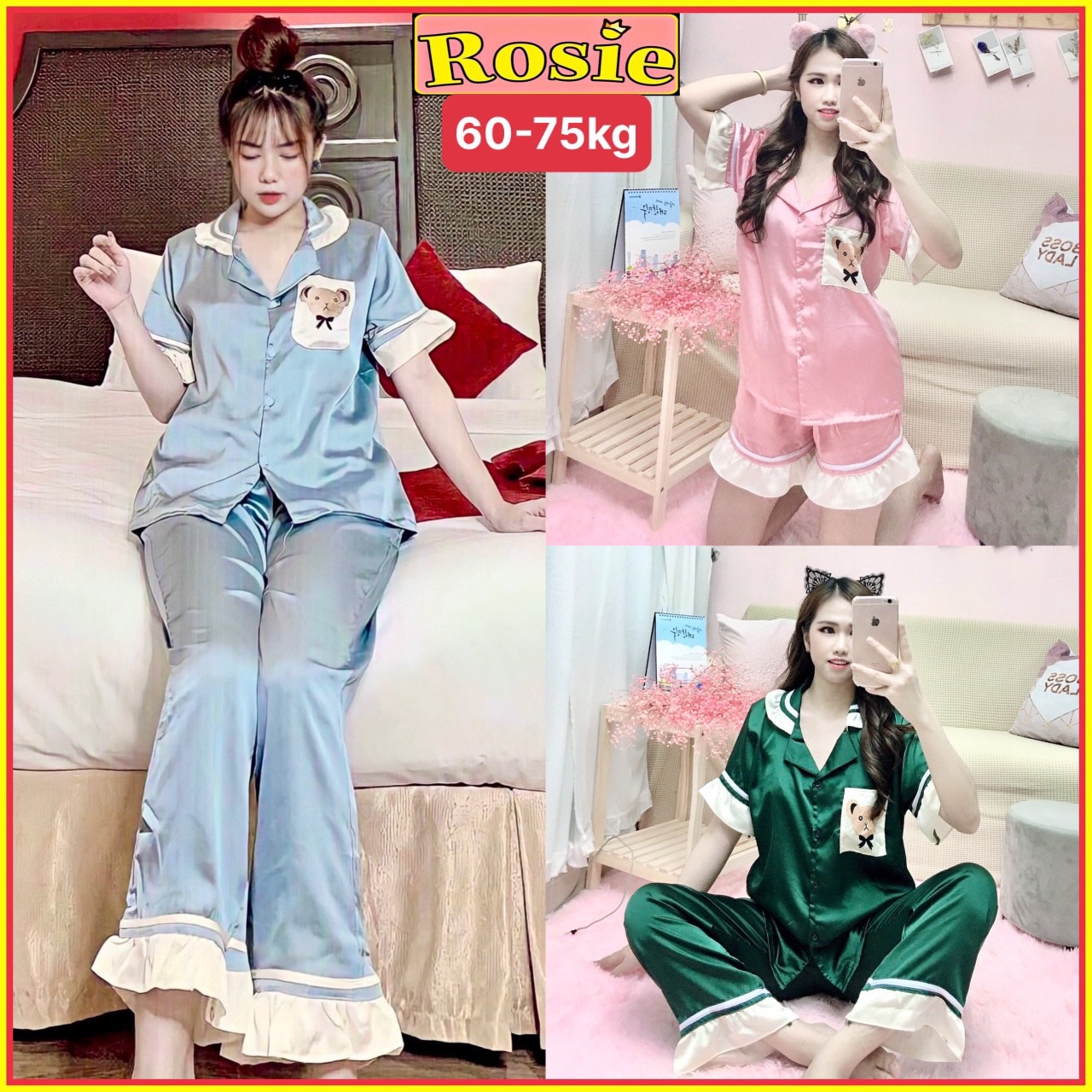 Bộ pijama lụa satin nhún bèo gấu dễ thương nhiều màu ❤️ lụa mềm mại ❤️ rộng to ❤️ đồ ngủ ❤️ nữ ❤️ pijama ❤️ đồ bầu ❤️ sau sinh ❤️ giá rẻ ❤️ big ❤️ đại ❤️ pizama ❤️ xưởng may
