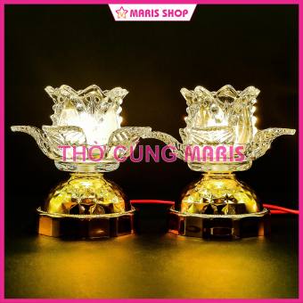 Đèn Hoa Sen Thủy Tinh Nguyên Khối LED Màu Vàng Để Bàn Thờ Phật, Bàn Thờ Gia Tiên,Đèn Thờ Cúng Đẹp [MR-THUYTINH-1]