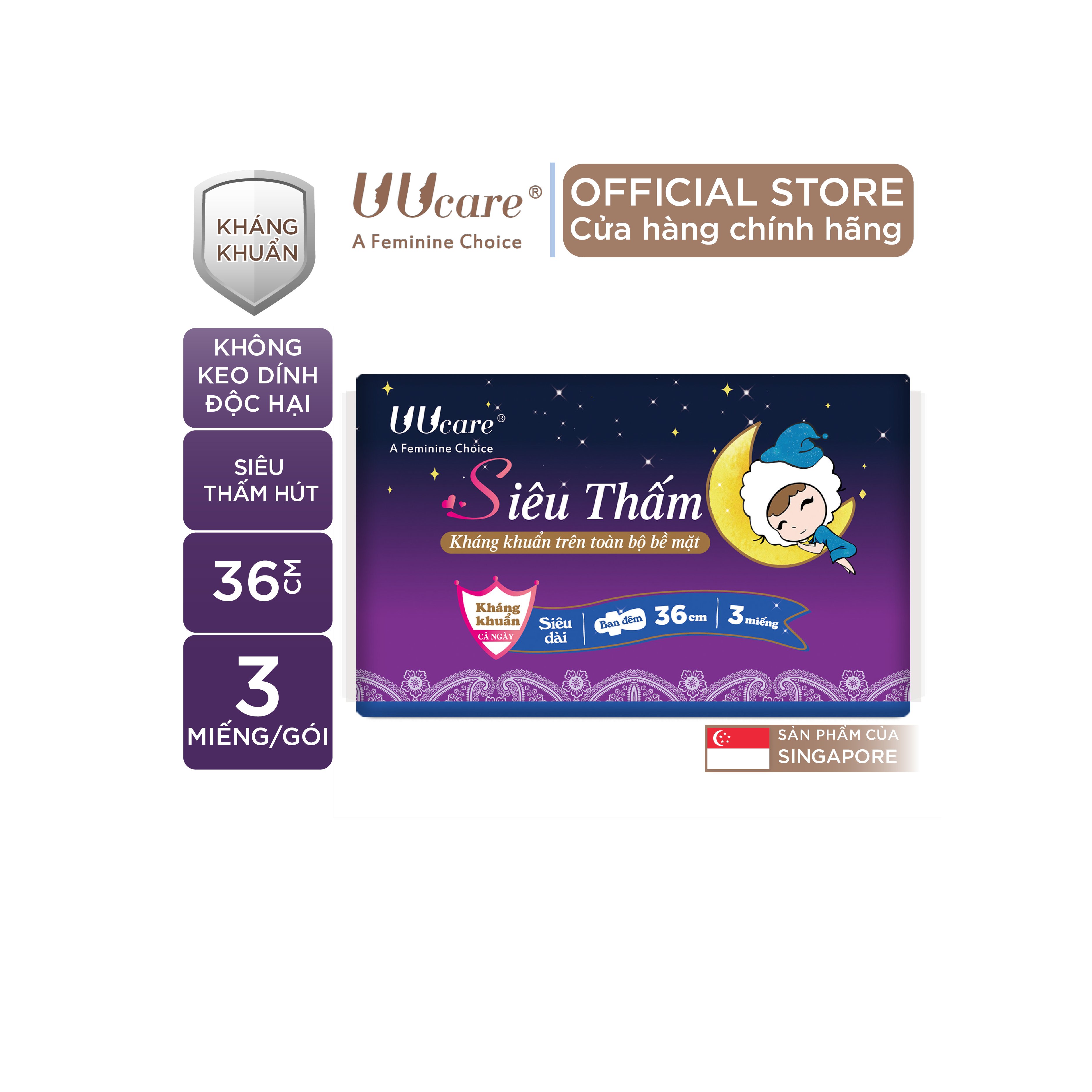 Băng vệ sinh UUcare Singapore Young Girl ban đêm 36cm 3 Miếng/Gói