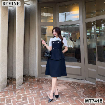 Đầm công sở cổ phối ngắn tay BEMINE MT7418
