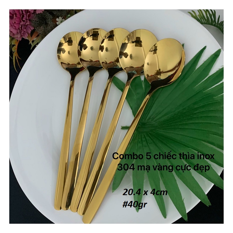 Bộ 5 CHIẾC THÌA INOX SUS 304 MẠ VÀNG - MUỖNG ĂN CƠM HAN QUỐC- combo 5 THÌA LỚN 20.4cm
