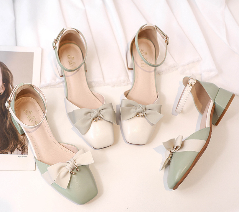 Sandal cao gót có đế cao 3cm đính nơ phân mũi vuông gót vuông