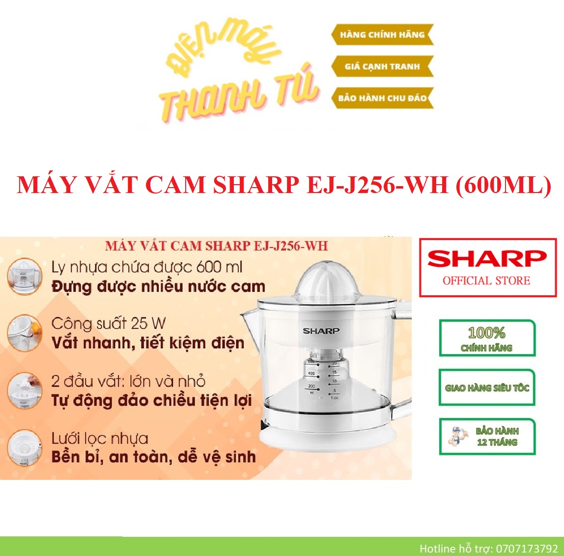 Ej-j256-wh - máy vắt cam sharp 0.6l - bảo hành chính hãng 12 tháng