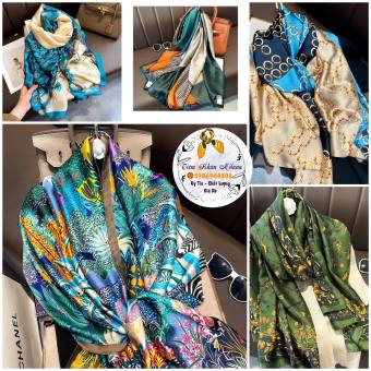 Khăn choàng lụa họa tiết màu xanh dài 180x90cm, Áo choàng bikini quàng cổ choàng vai thời trang Milana 2022