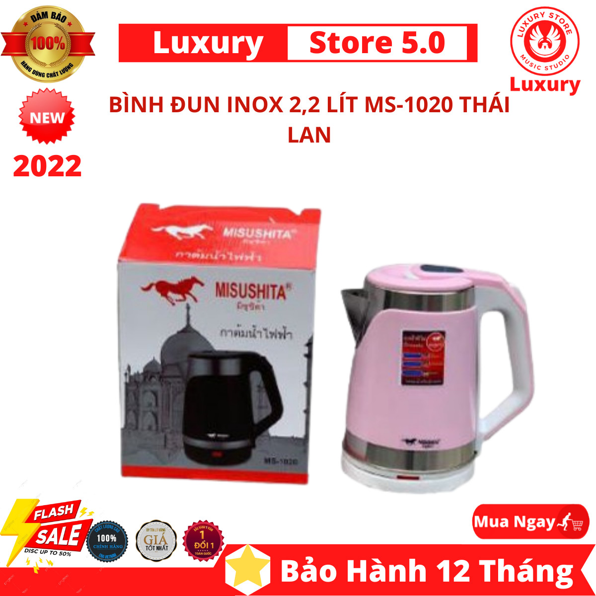 Bình đun nước , ấm siêu tốc inox lít ms-1020 thái lan 2.5l cách nhiệt, ấm đun nước siêu tốc thái lan, bình đun nước siêu tốc 2 lớp cao cấp,chất lượng cao bảo hành 12th