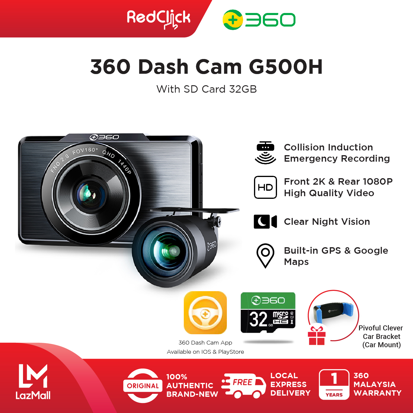 360 Dash Cam G500H/360 Dash Cam G500H(With SD card 32GB) Collision Induction Emergency Recording Built In GPS And Google Map + Free Gift