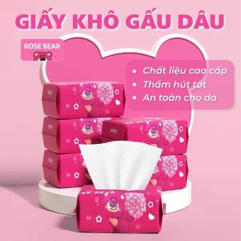 Khăn Giấy Gấu Dâu Siêu Xịn - Khăn giấy khô, ướt gấu dâu đa năng, siêu dai - Khăn lau mặt dùng 1 lần lau khô lau ướt gấu dâu đa năng