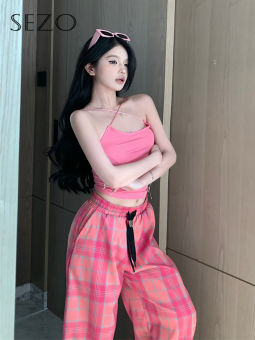 Sezo quần sooc Hàn Quốc treo vest + cao eo kẻ sọc bình thường ỐNg RộNg Bộ quần cho phụ nữ