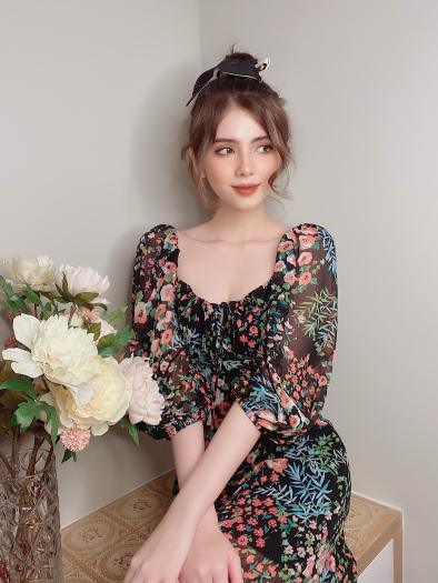 EDINI - Đầm Cổ U Tay Phồng Hoạ Tiết Hoa D1454