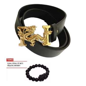 Dây nịt thắt lưng nam da cao cấp mặt mạ vàng chạm rồng bay chữ H cá tính - Tặng vòng tỳ hưu tài lộc
