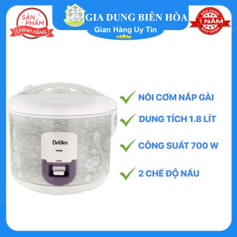 Nồi cơm điện nắp gài Delites 1.8 lít NCG1805-trưng bày -Số người ăn 4-6 người Công suất:700W Lòng nồi phủ chống dính:Có xửng hấp