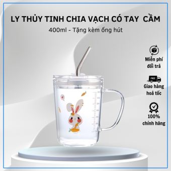 Ly pha sữa thủy tinh chia vạch 350ml chống đổ tặng kèm ống hút silicon Tmark